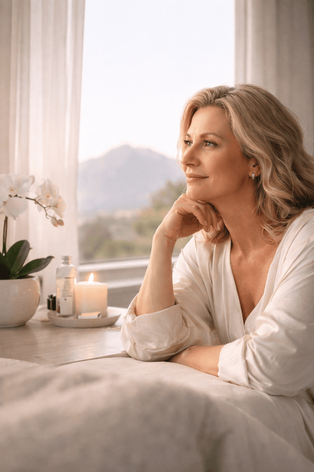 Elegant mature woman with radiant skin and a calm, confident expression