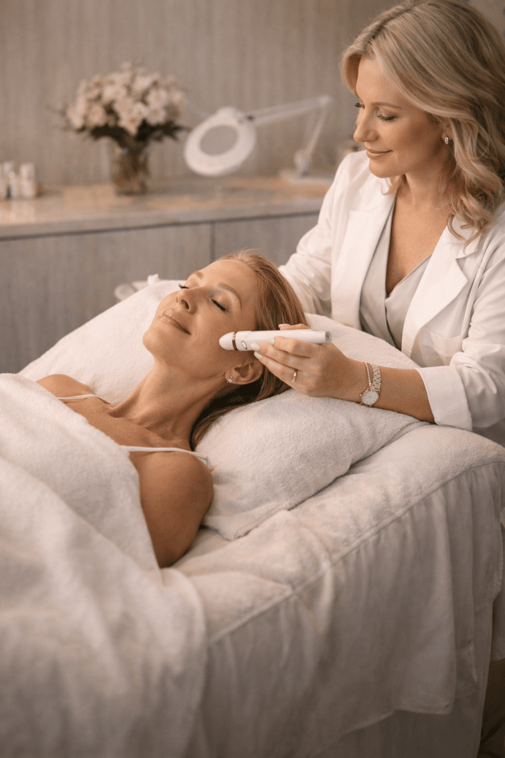Soft luxurious treatment room with elevated wellness aesthetic